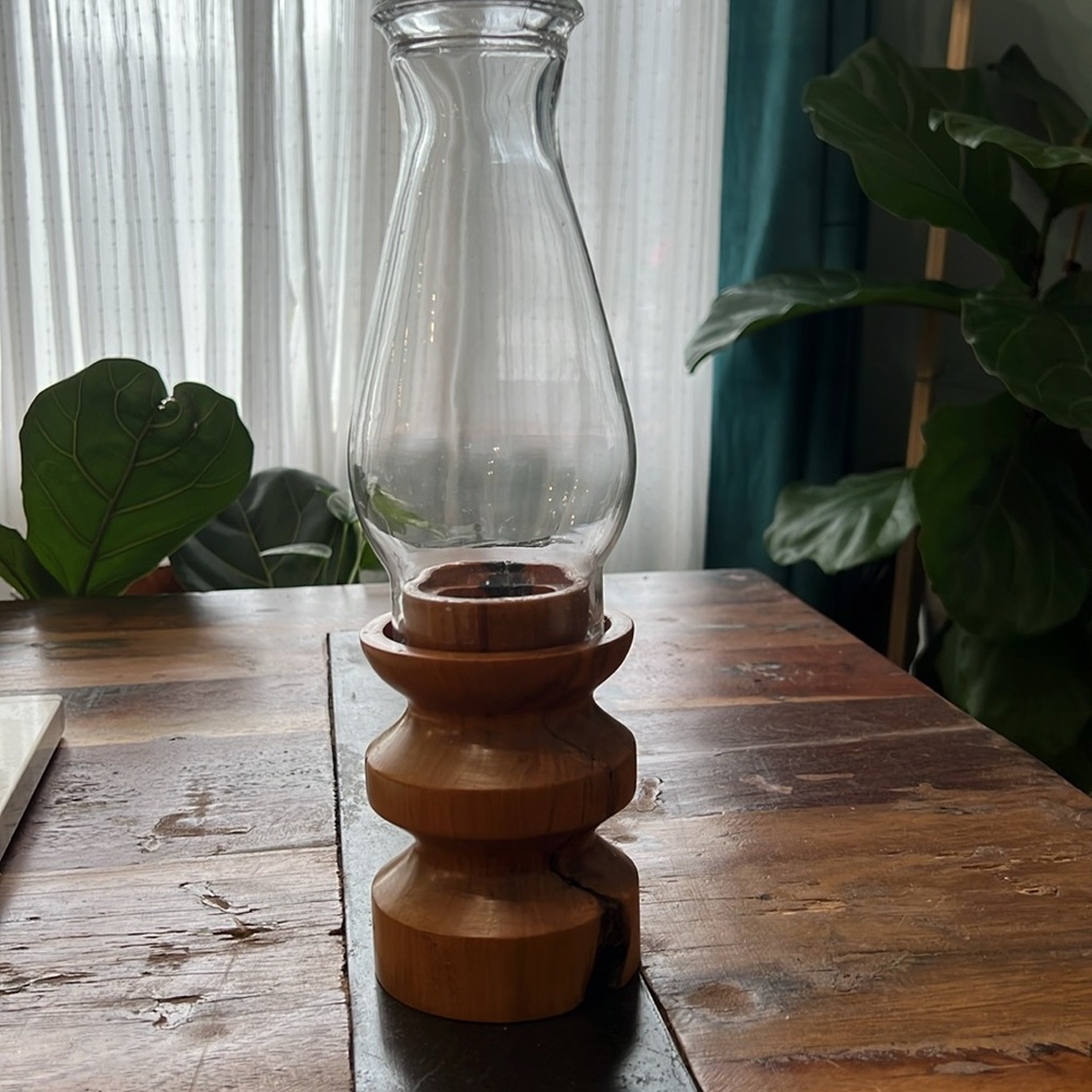 Wood MCM style hurricane candle holder. Lovely with shade or without.